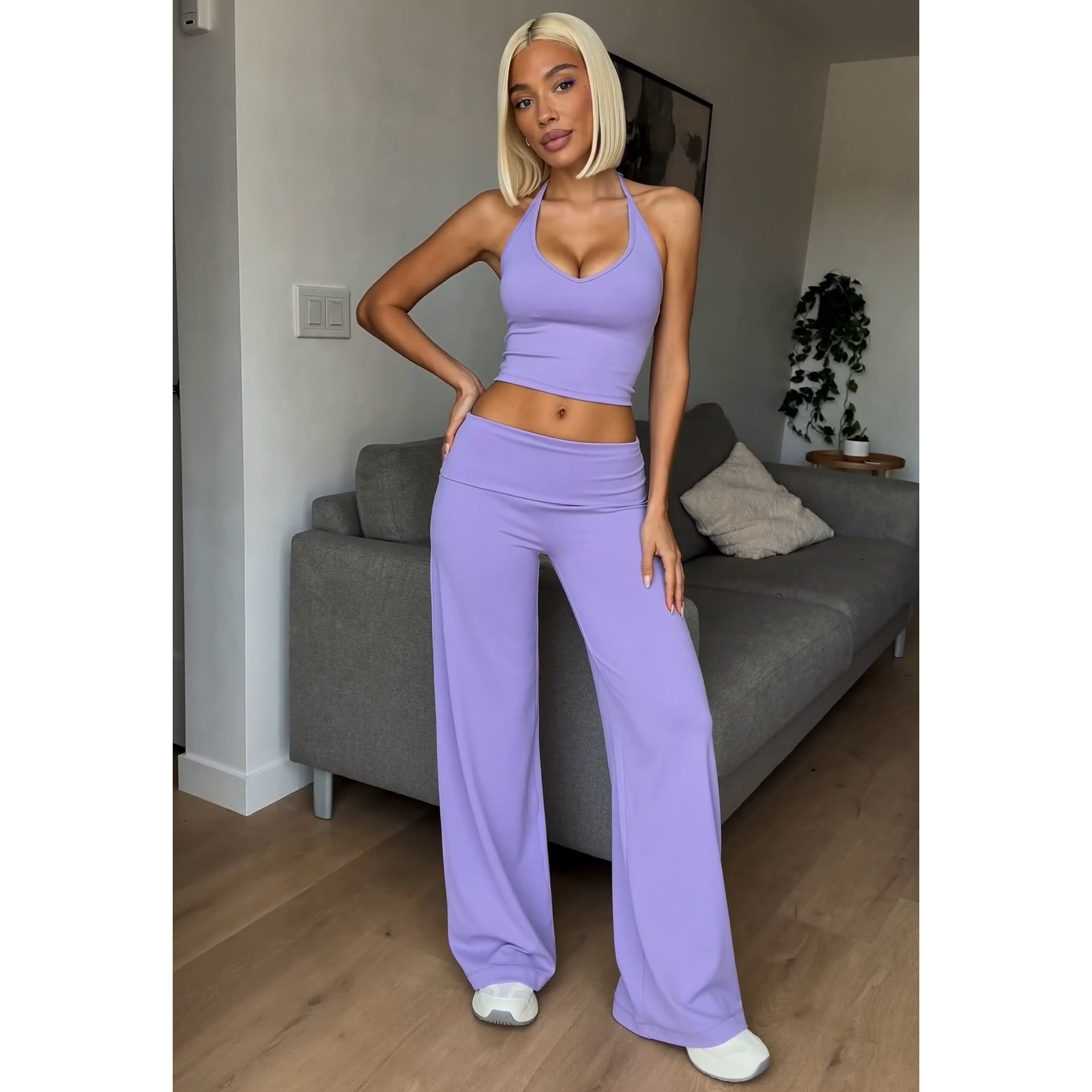 Lavender V-neck halter crop top with matching flare pants, wide-leg fit