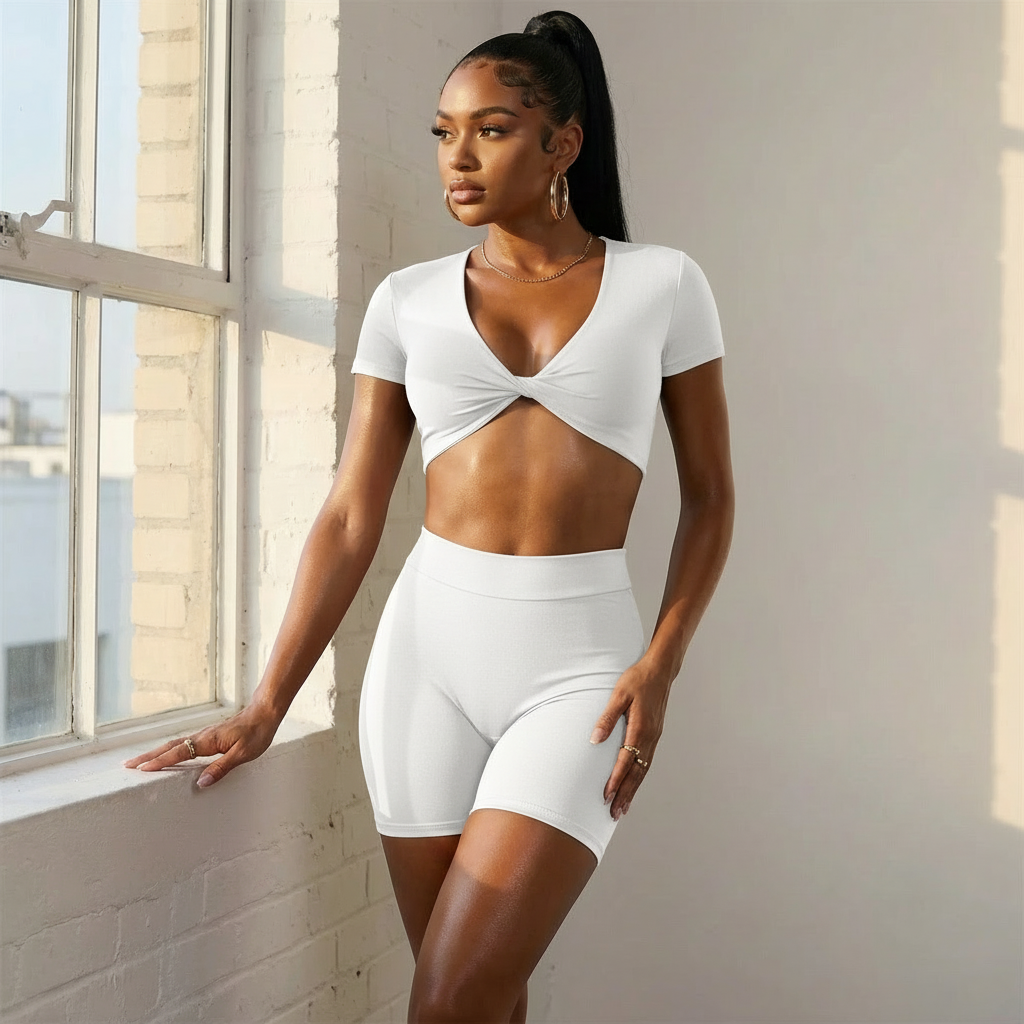 Locked & Loaded | Short-Sleeve Crop Top Twist Top & V-Back Shorts Matching Set