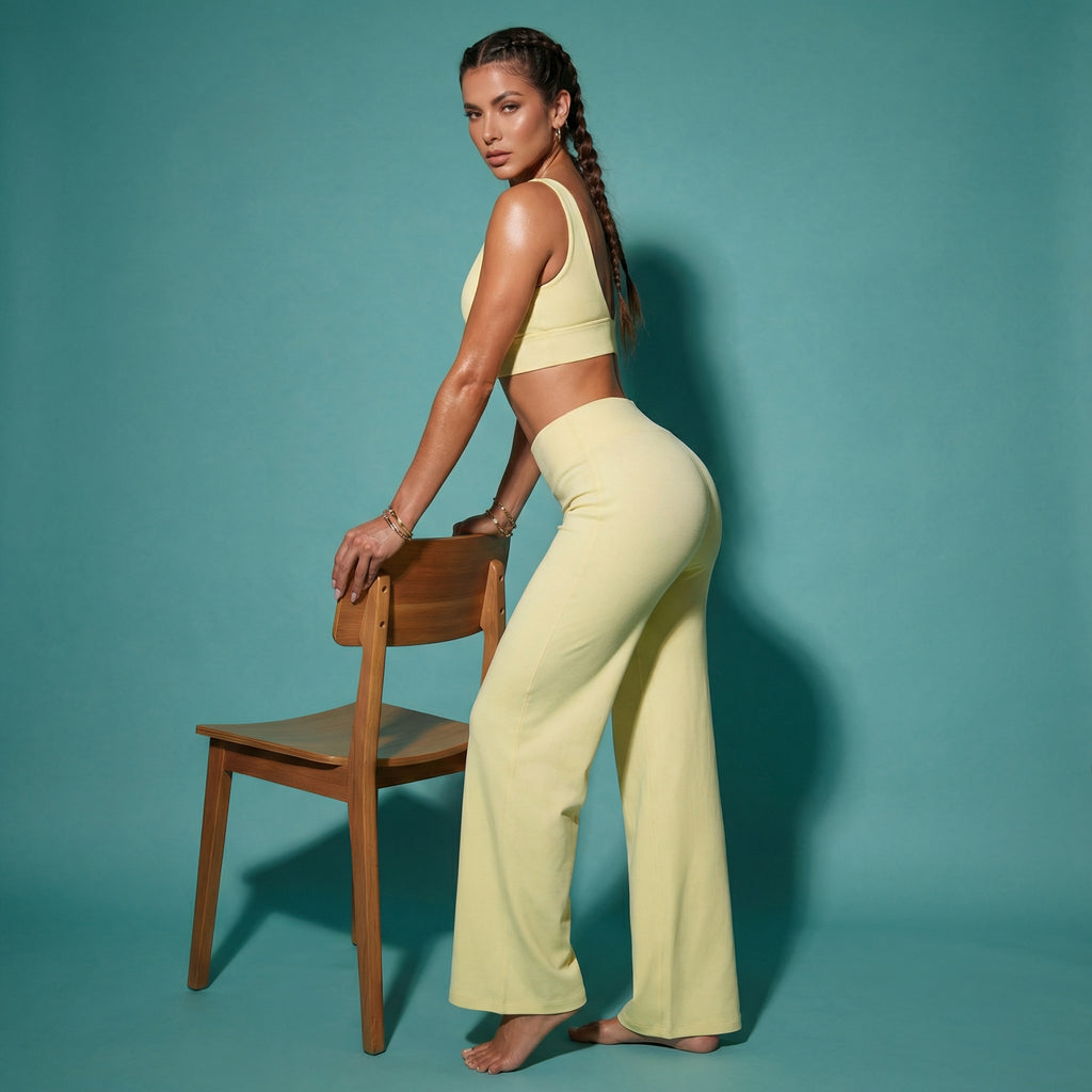 Goose Yellow fitted crop top and wide-leg flare pants, side view
