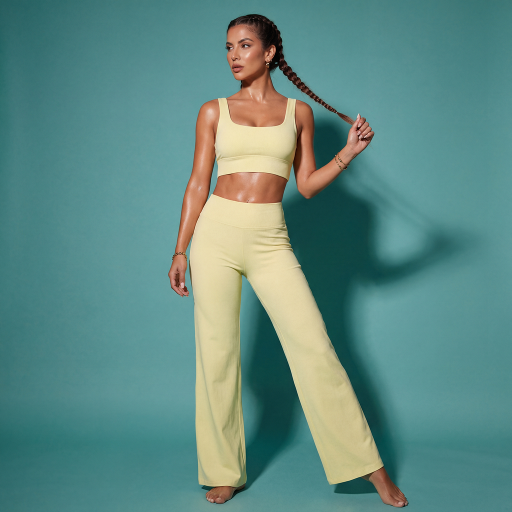 Goose Yellow crop bra top with flare pants, sleeveless square neckline