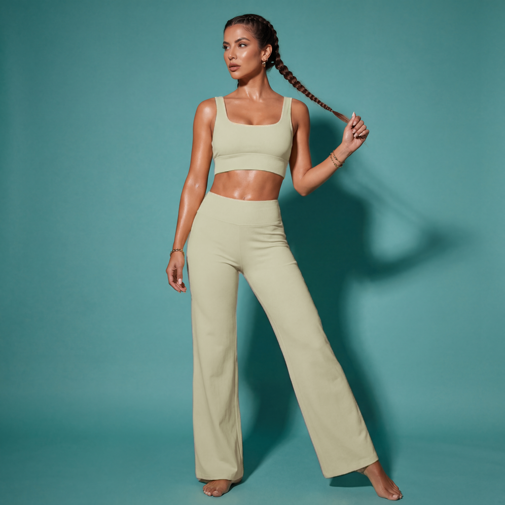 Light green matching crop bra top and flare pants set with wide waistband