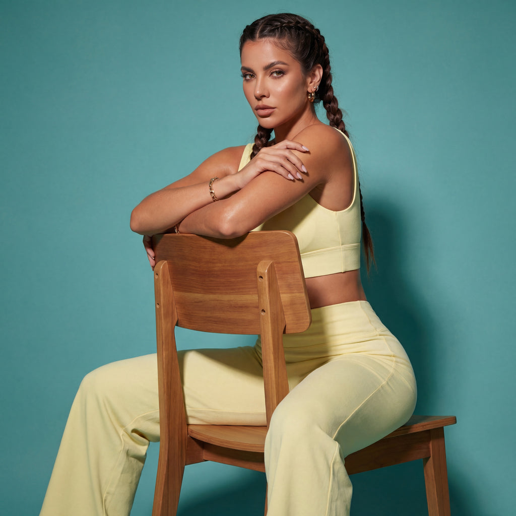Goose Yellow matching set: crop bra top and flare pants, seated close-up