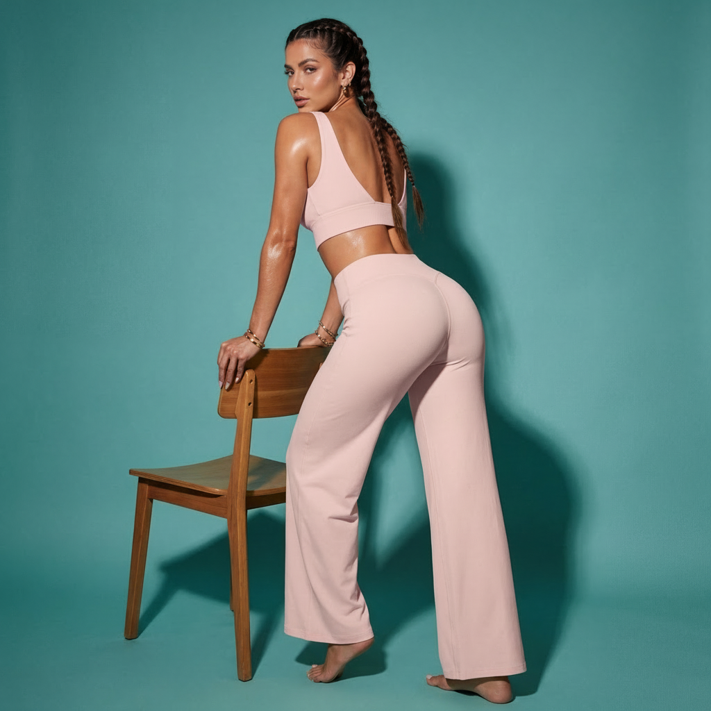 Light pink crop bra and flare pants matching set, side view