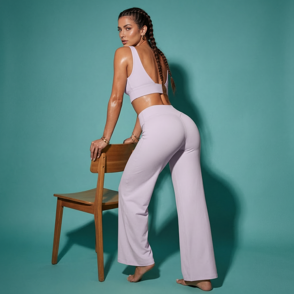 Light purple crop bra top with flare pants matching set, side view