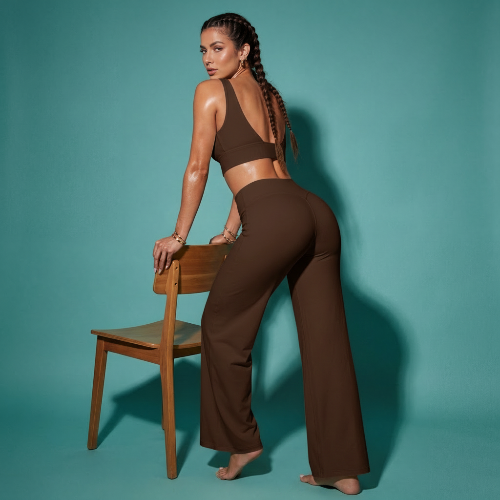 Brown crop bra top and flare pants matching set, standing side