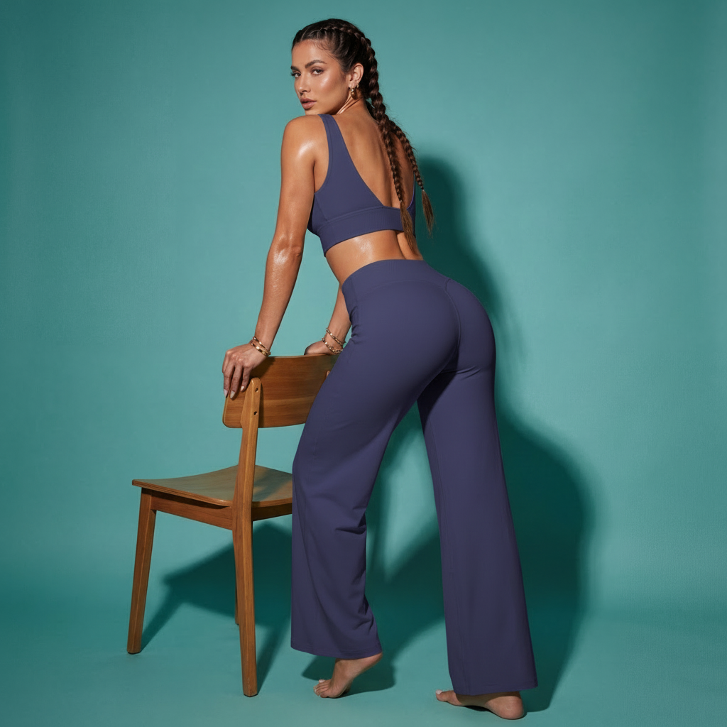 Dark blue crop bra and flare pants matching set, side angle