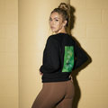 Black warm fleece sweatshirt with green square back graphic, crew neck and long sleeves