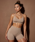 Beige halter sports bra and high-waist shorts two-piece set