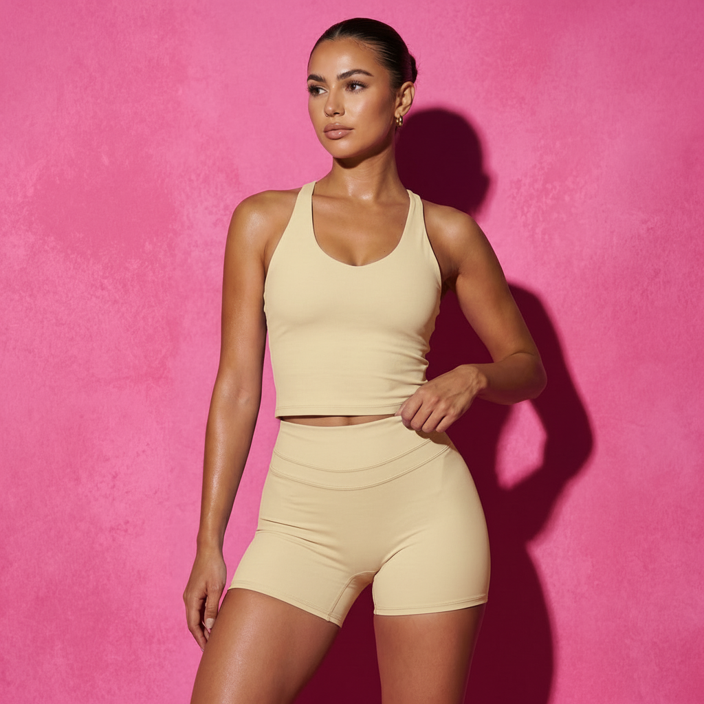 Tan fitness set: cropped halter tank top and matching high-rise biker shorts