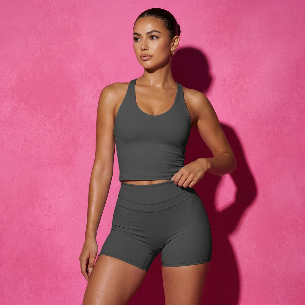 Grey-blue fitness set: halter tank top with matching high-rise biker shorts