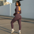 Grape Purple active set: long-sleeve fitted crop top and matching leggings