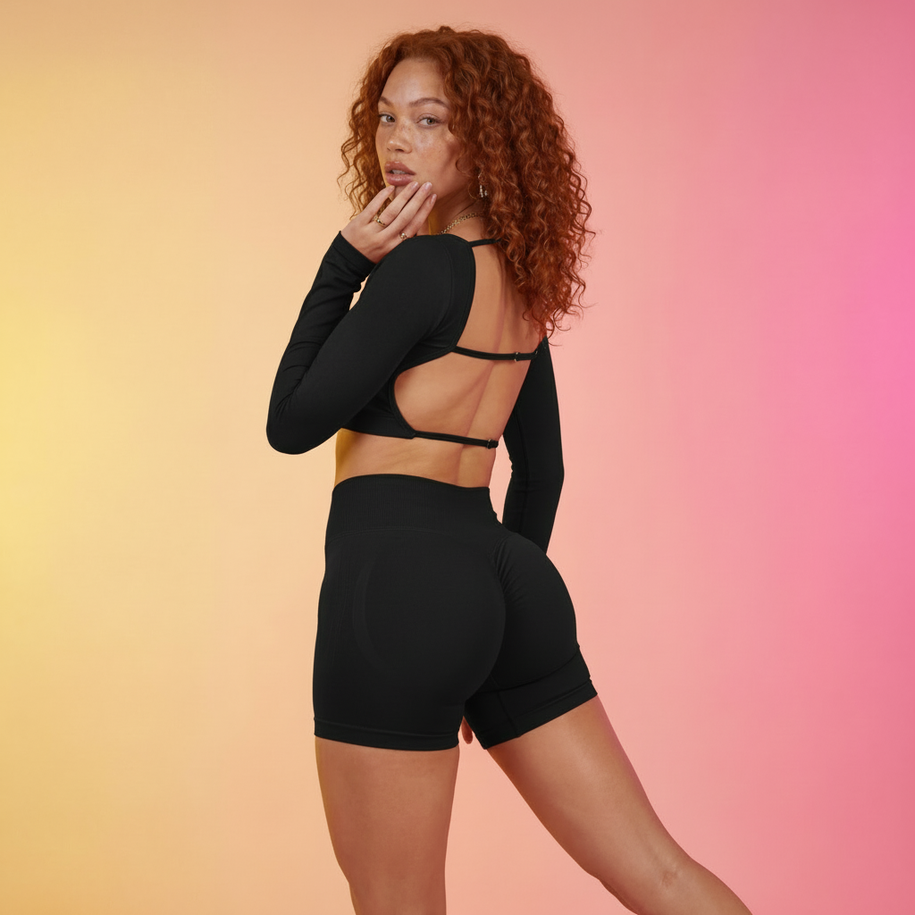 Black long-sleeve backless crop top and high-waisted shorts set, open-back design