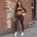 Mocha brown seamless 3-piece workout set: long sleeve shrug, sports bra and V-waist leggings