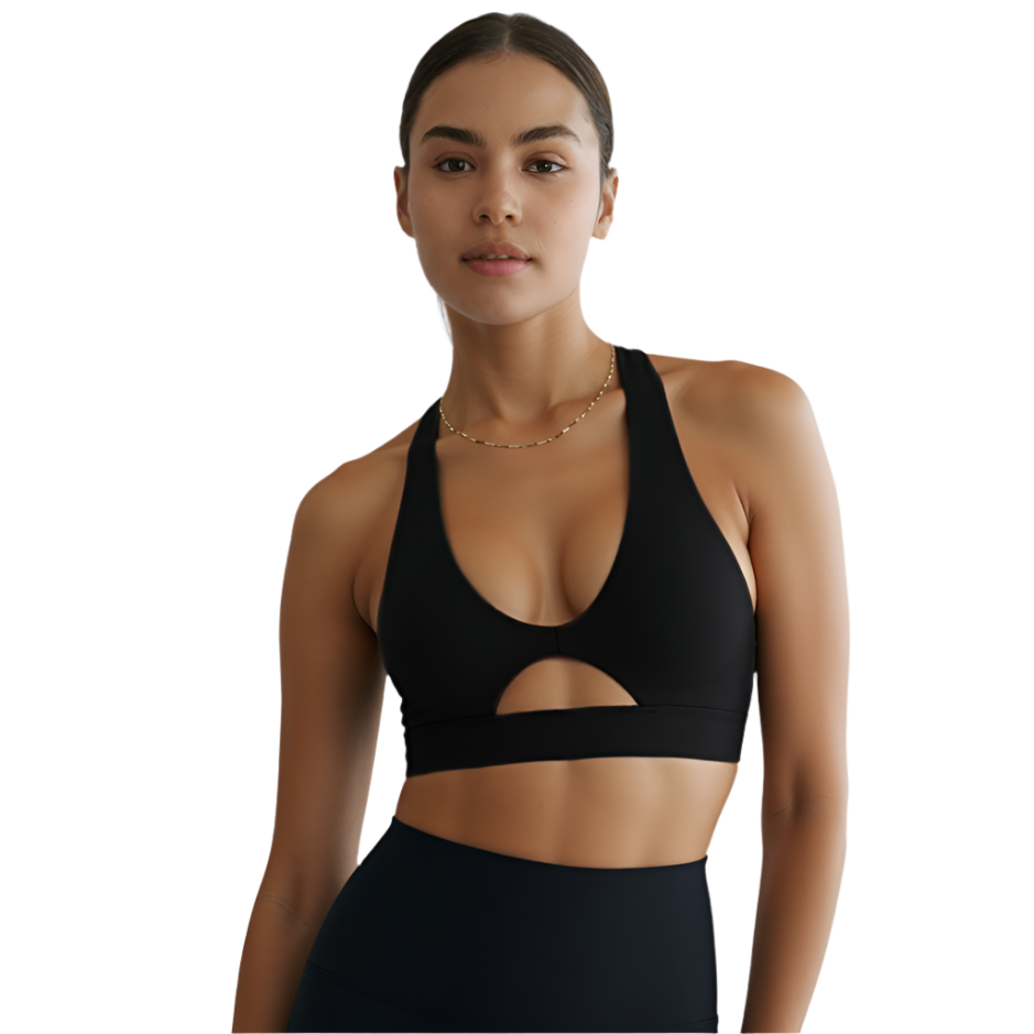 Xooie Fit high-intensity sports bra in black with stylish cutout design for enhanced support