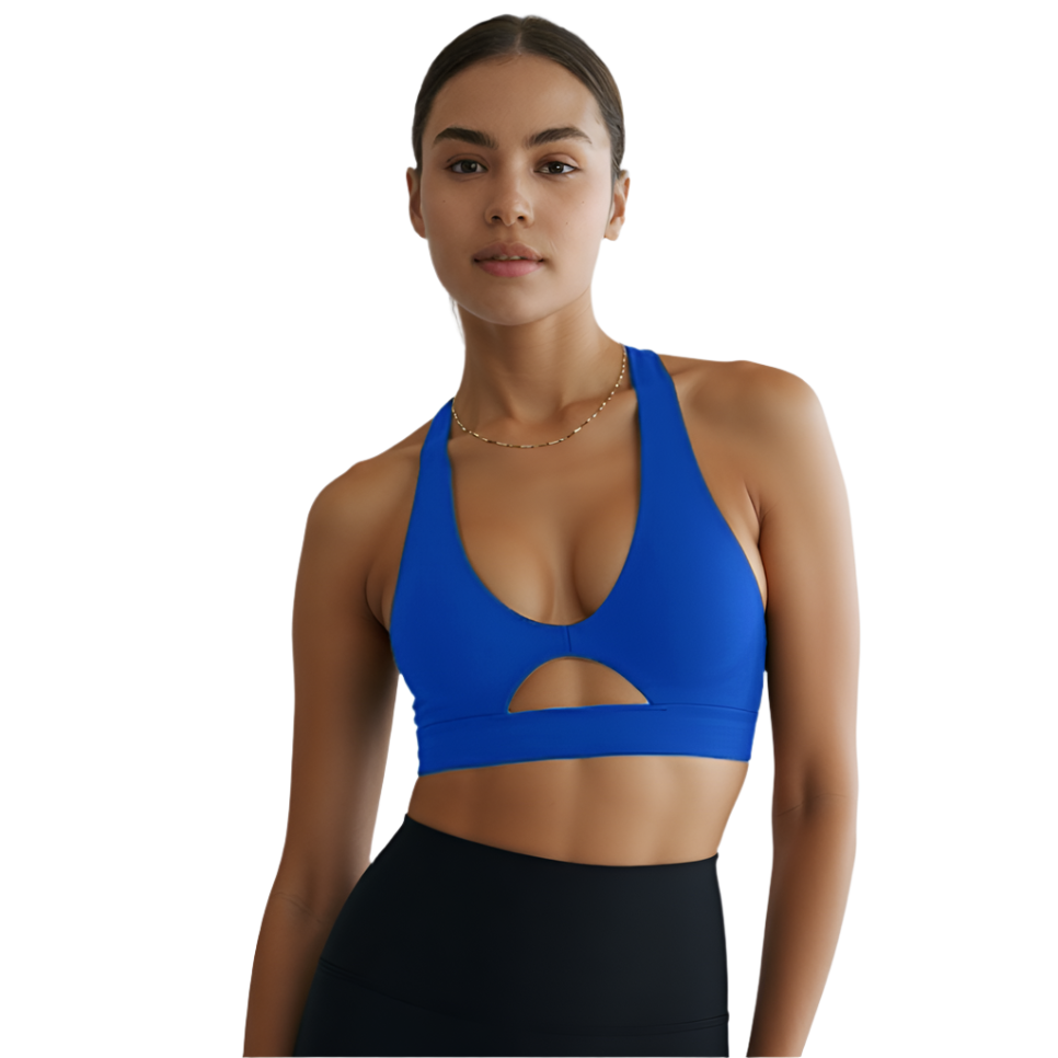 Xooie Fit high-intensity sports bra in blue with a stylish cut-out design for optimal support