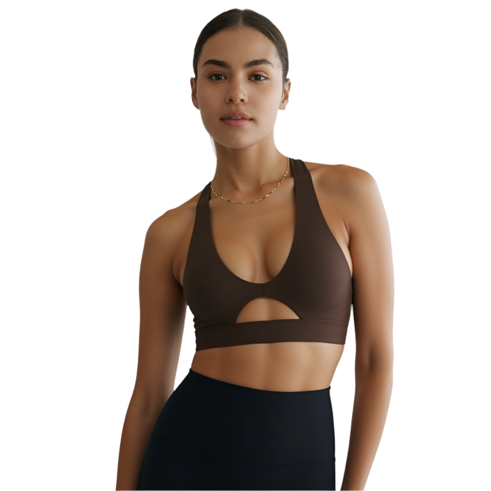 Xooie Fit high-intensity sports bra in brown with cut-out design for active women