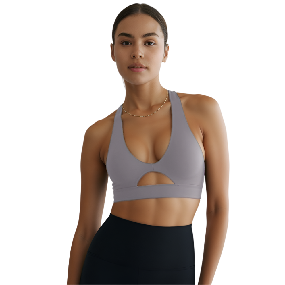 Xooie Fit high-intensity sports bra in gray with open cutout design for optimal support and comfort