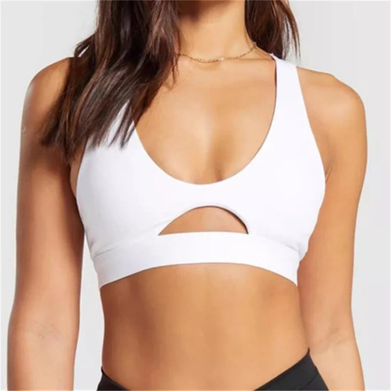 Xooie Fit high-intensity sports bra in white with a stylish cutout design for comfort during workouts