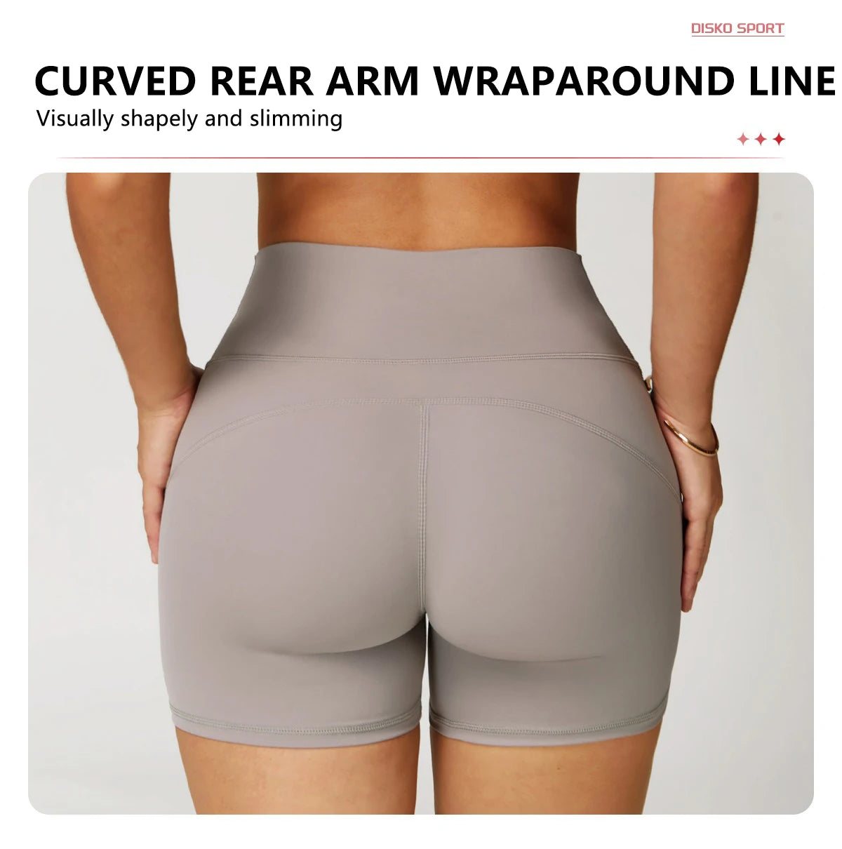 Xooie Fit two-piece set showing high-performance activewear shorts from the back with a curved rear arm wraparound line
