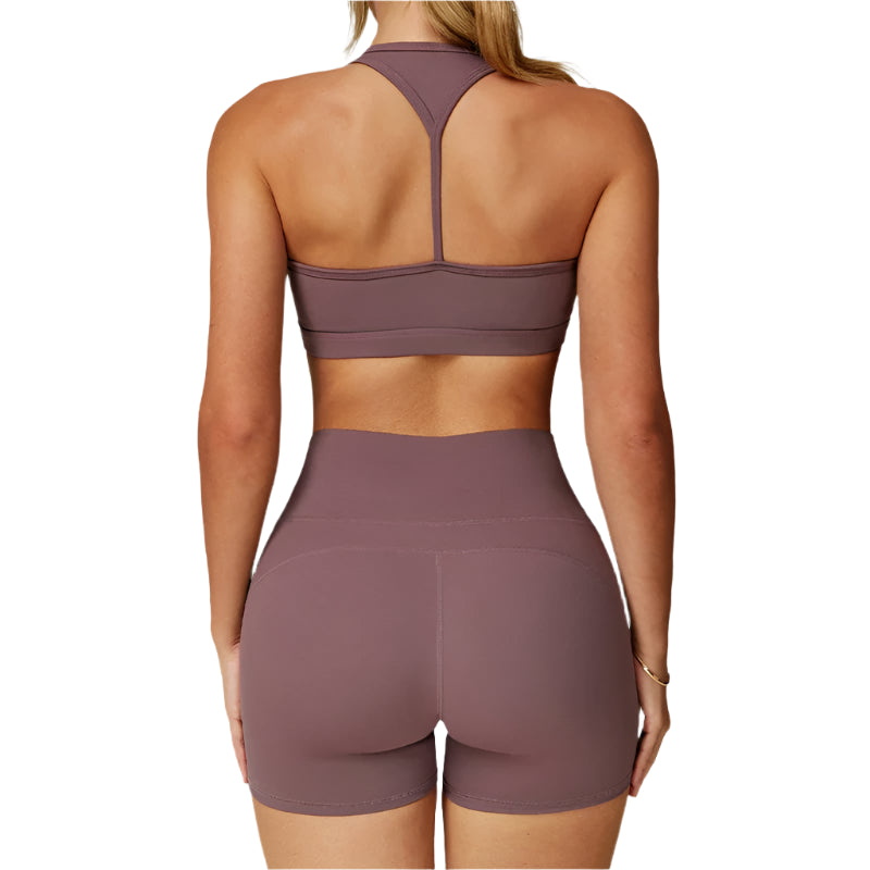 Xooie Fit two-piece set in mauve featuring high-performance activewear design with racerback top and high-waisted shorts