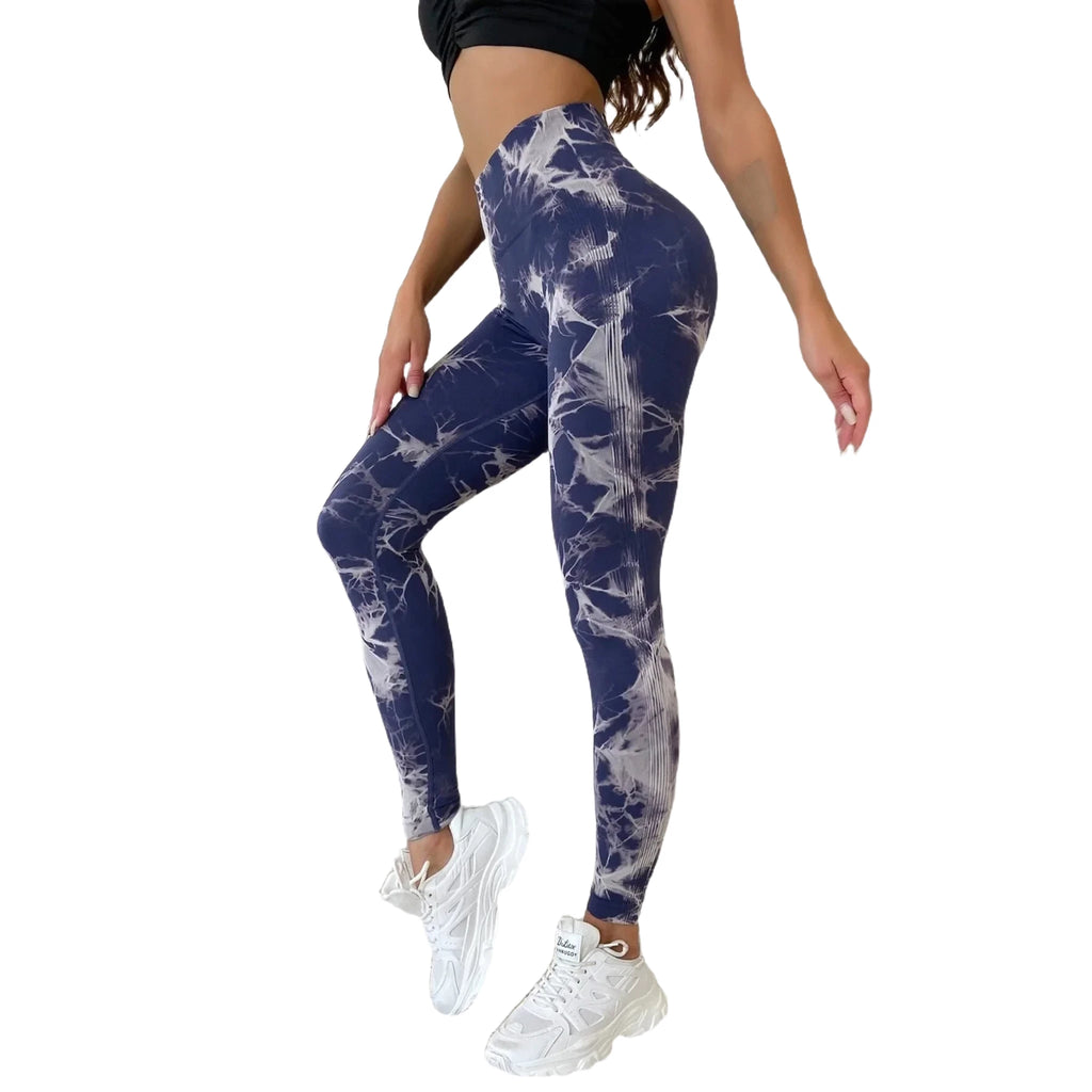 High-performance fitness leggings from Xooie Fit in navy with a stylish tie-dye pattern