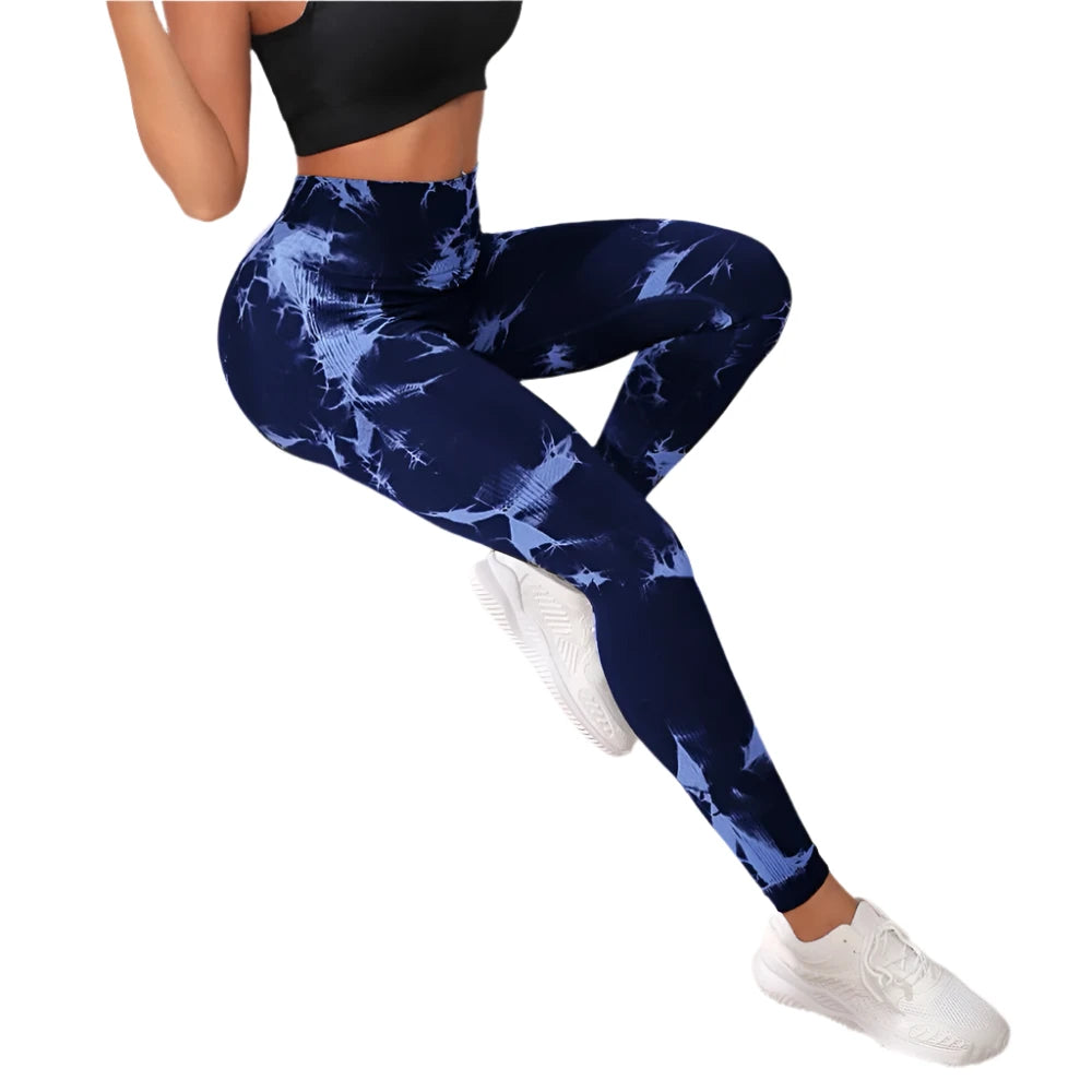 Xooie Fit high-performance fitness leggings in navy tie-dye pattern for active workouts