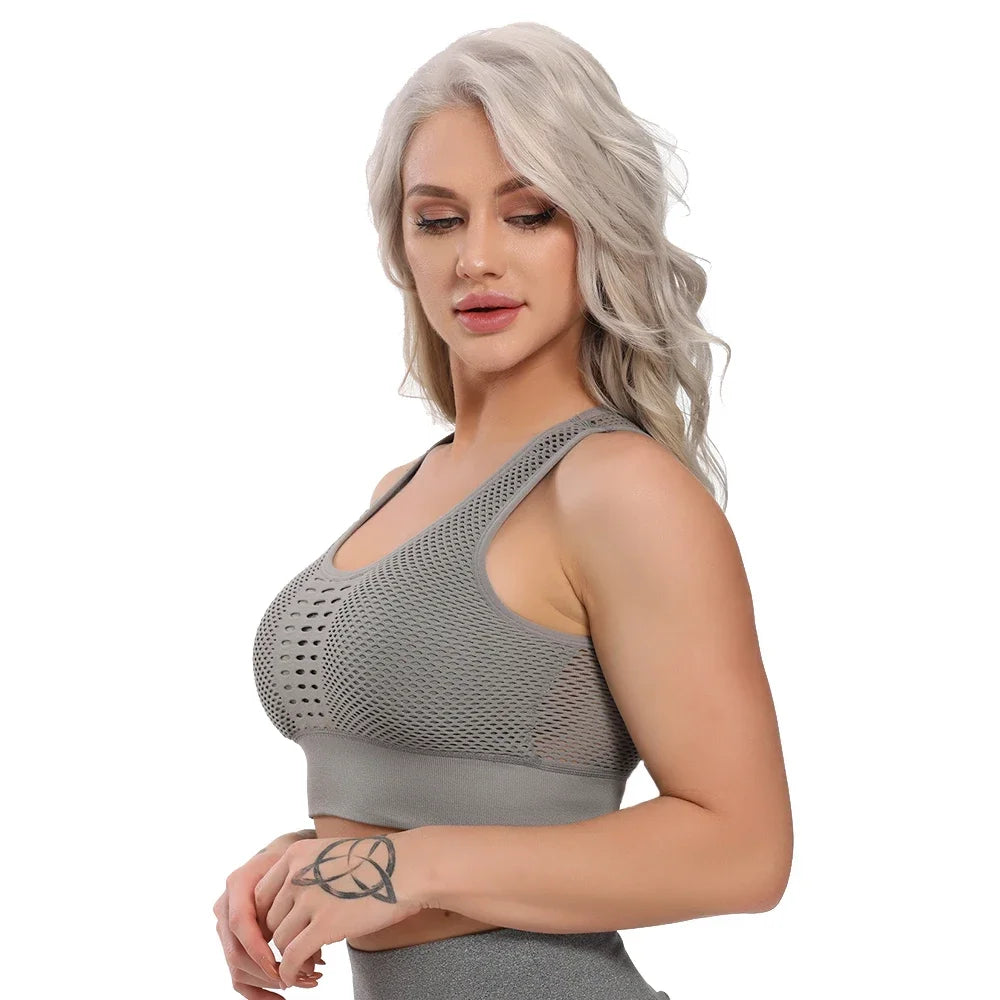 Xooie Fit high-performance workout bra in grey with breathable mesh design for optimal comfort and support