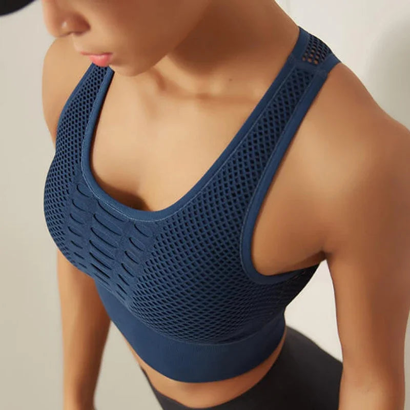 Xooie Fit High-Performance Workout Bra in Navy Blue with Mesh Design for Breathability
