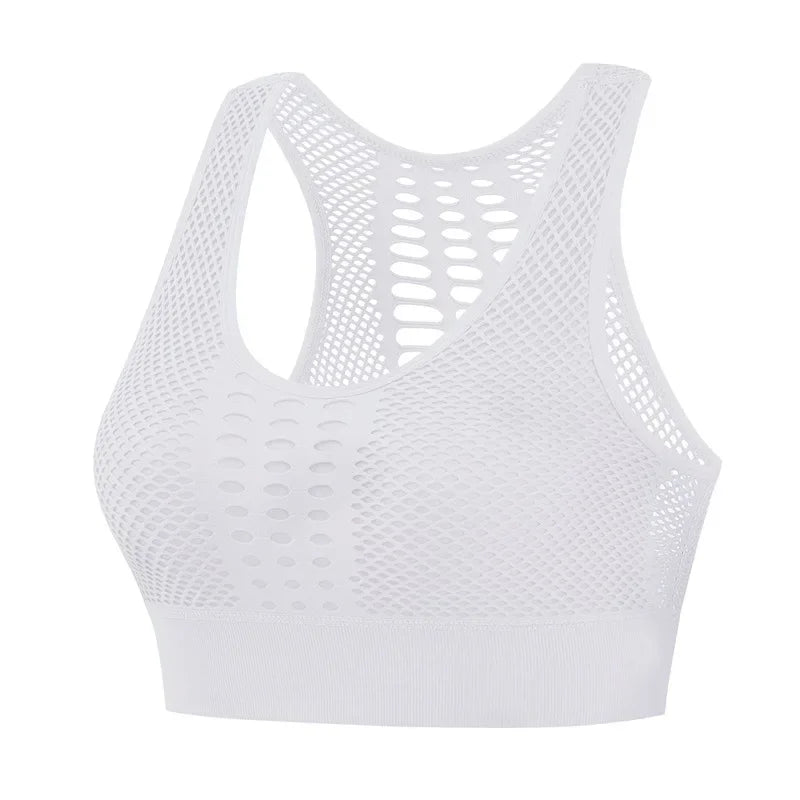 Xooie Fit high-performance workout bra in white with breathable mesh design for comfort and support