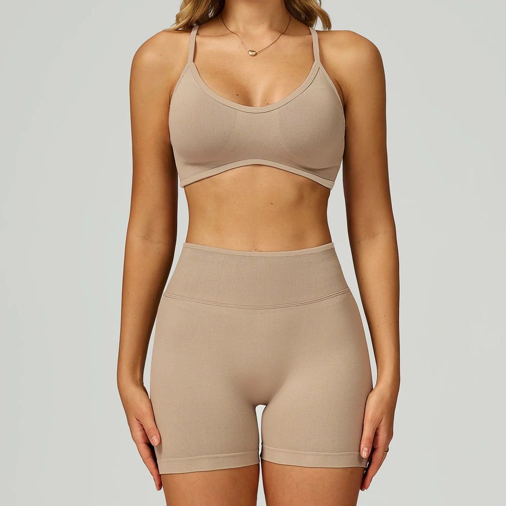 Xooie Fit high quality women's activewear set with a cropped top and high-waisted shorts in a neutral tone