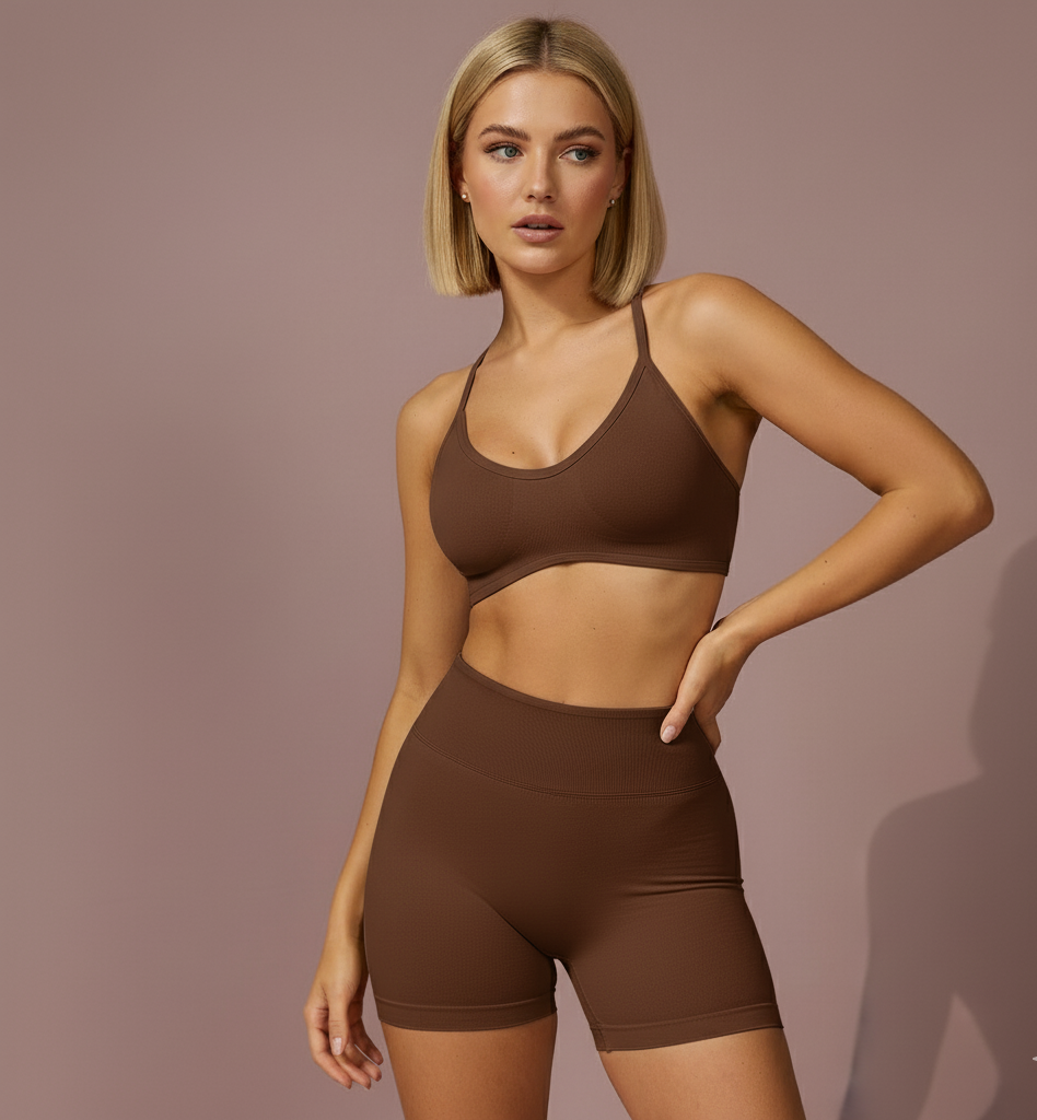 High quality women's activewear set by Xooie Fit in brown, featuring a sports bra and high-waisted shorts