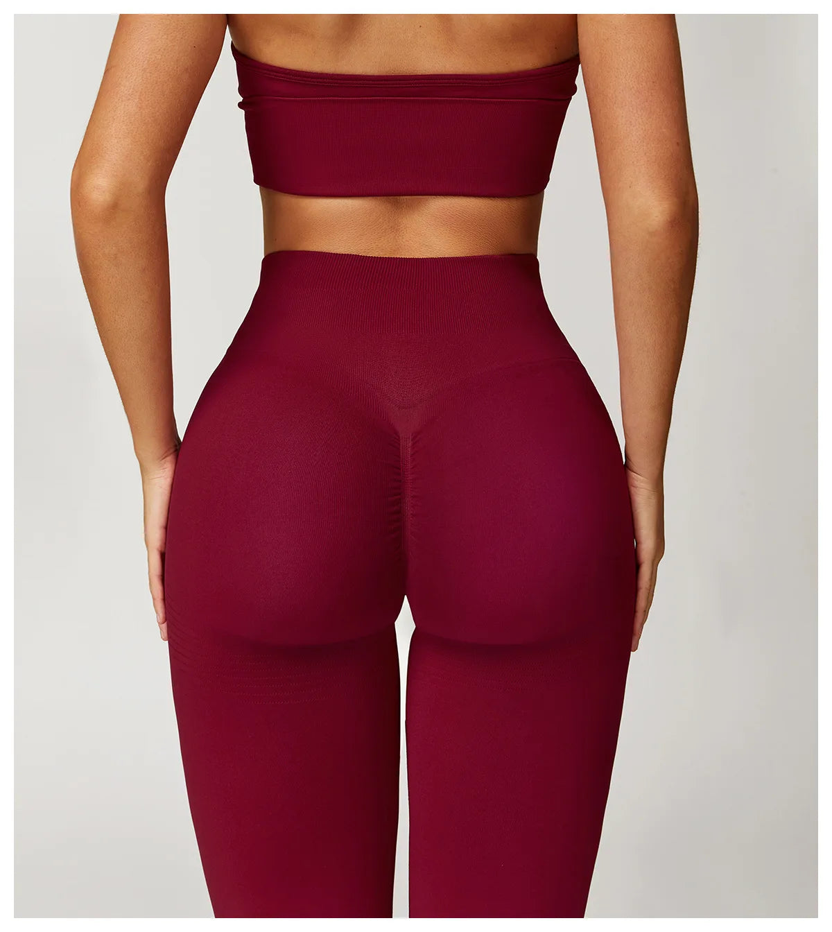 Cherry red high-waisted active leggings, smooth midsection and sculpted fit