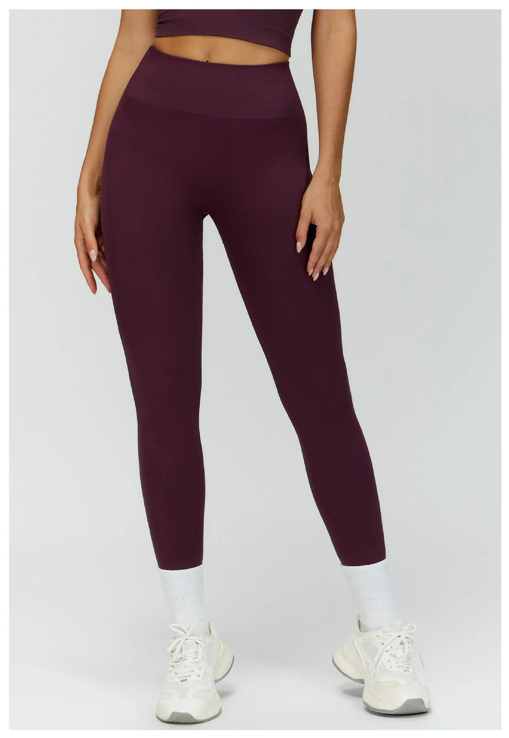 Plum purple high-waisted active leggings, full length with supportive waistband
