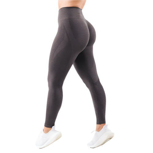 High-waisted active leggings, charcoal grey back view with contour seam detail