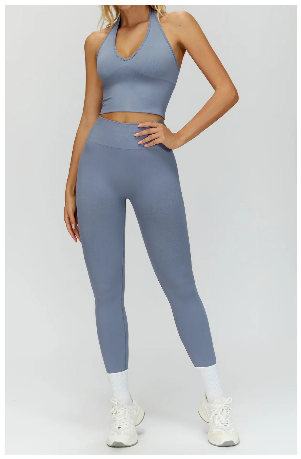Sea blue high-waisted active leggings with sculpted, contoured waistband