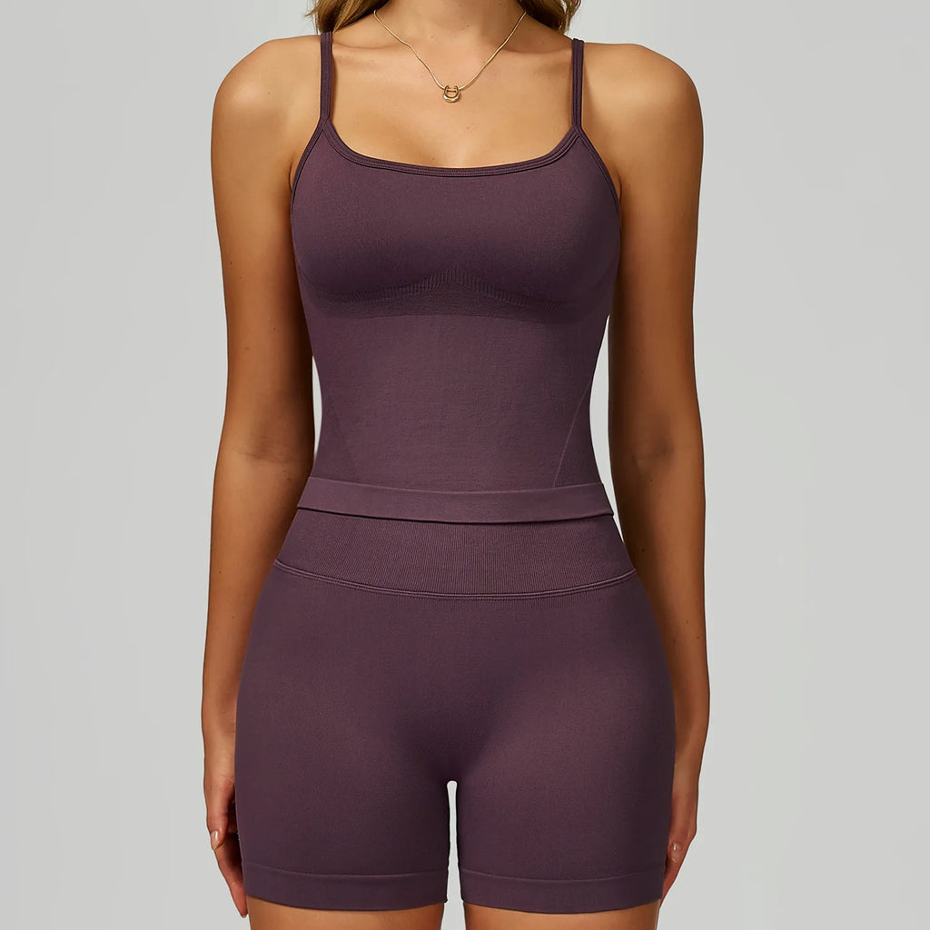Plum purple spaghetti-strap tank and high-waisted shorts set, front view