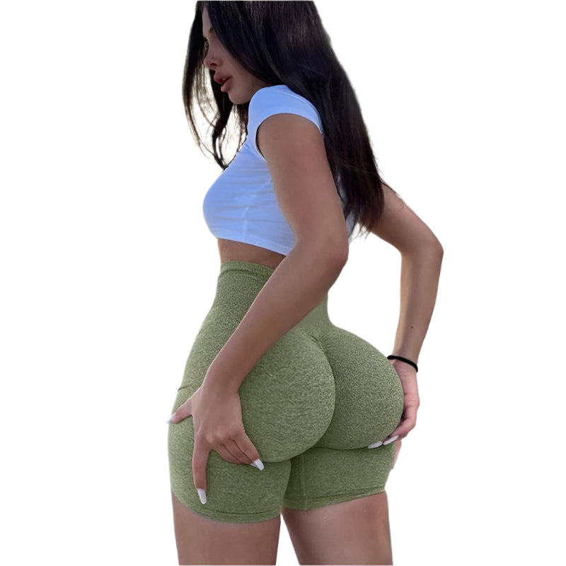 Xooie Fit high waisted workout shorts in green, designed for comfort and performance during exercises