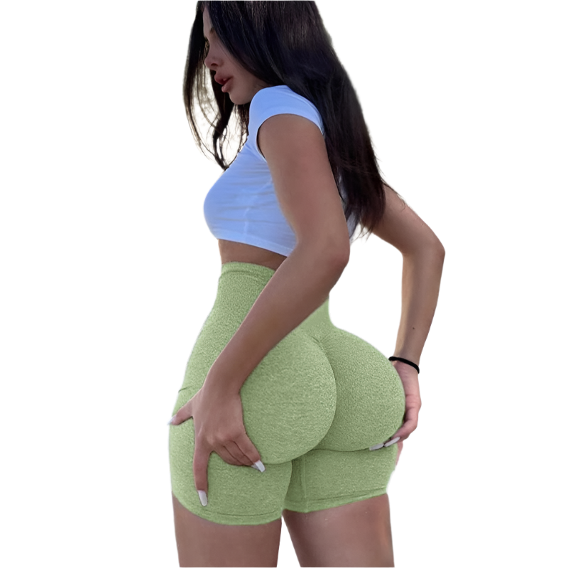 Stylish Xooie Fit high waisted workout shorts in green, perfect for activewear and fitness enthusiasts