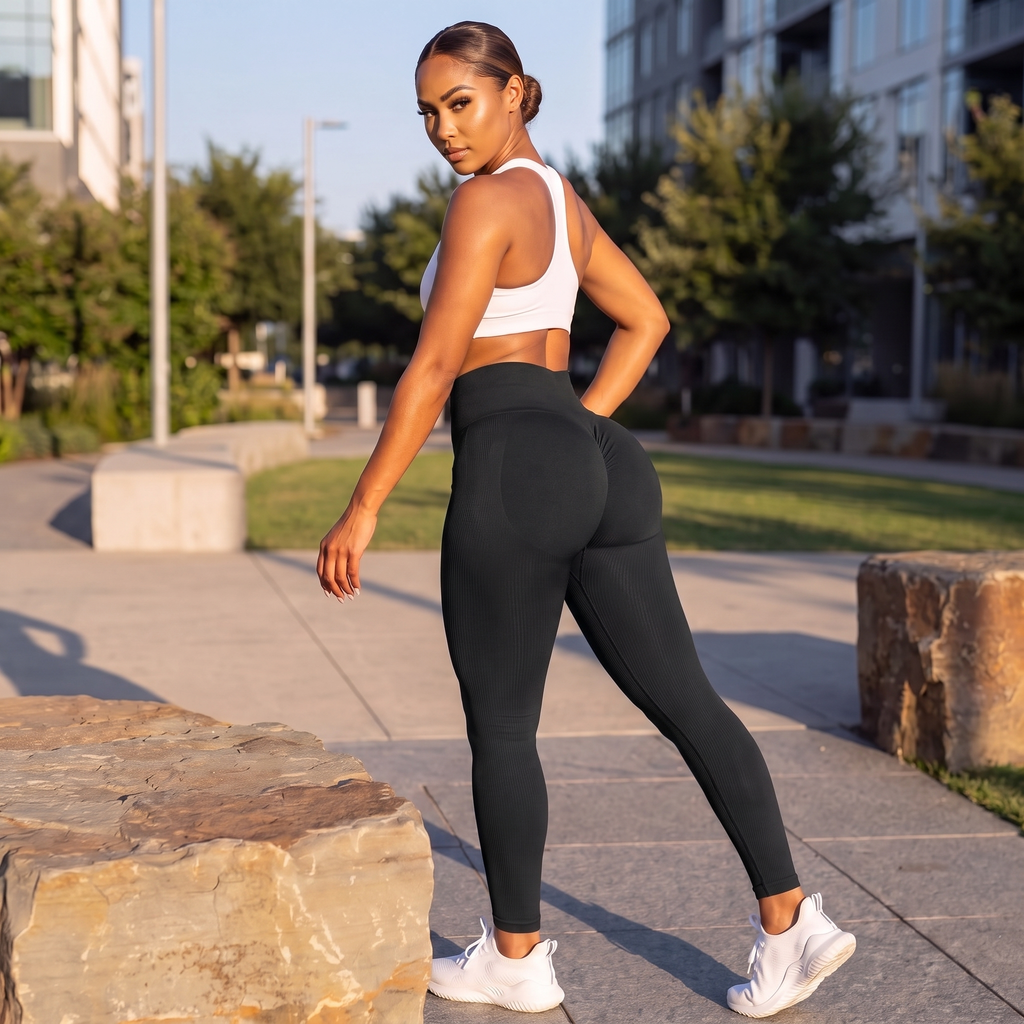 High-waist black workout leggings, full length, showing rear scrunch and sculpting fit