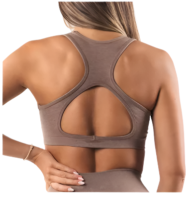 Brown sports bra with open back design on a white background, featuring the brand 'Vaambii'.
