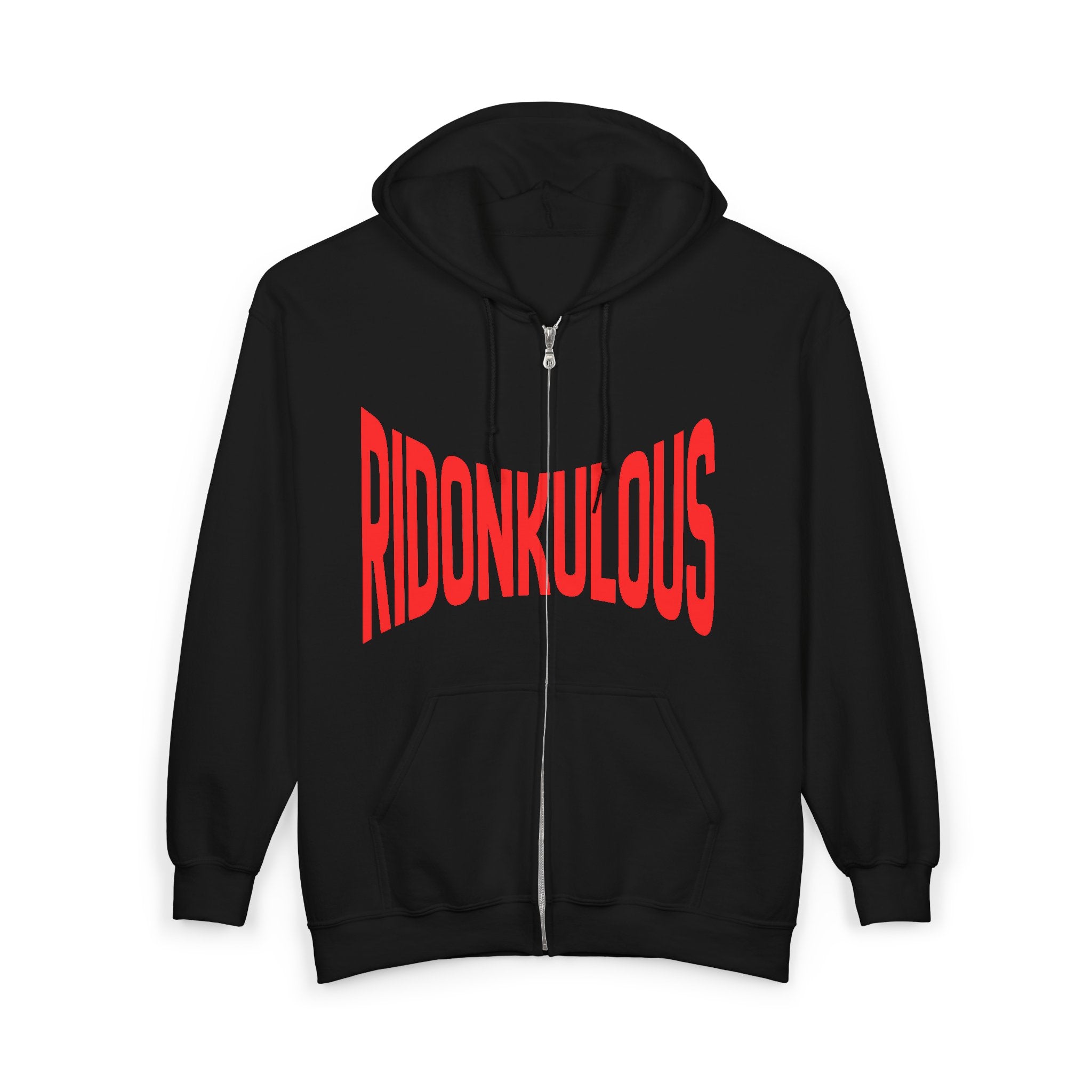 Black full-zip hooded sweatshirt with red “RIDONKULOUS” graphic on front
