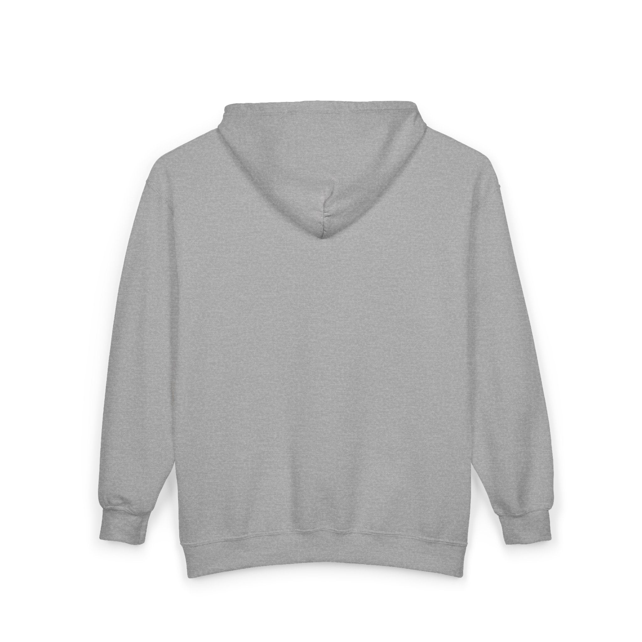 Heather gray zip-up hooded sweatshirt, plain back view with hood