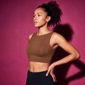 Brown high-support sports bra crop top with wide straps and scoop neckline