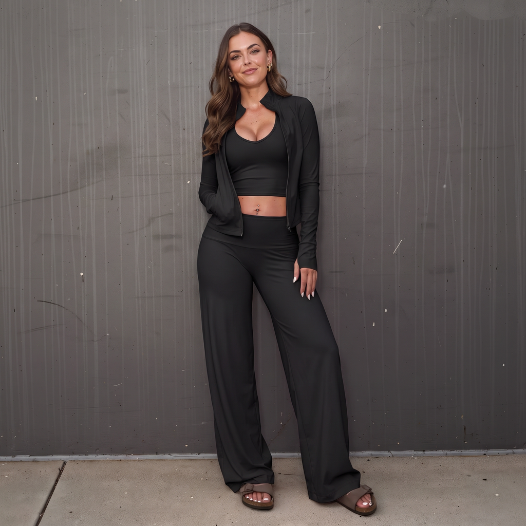 Women’s 3-piece lounge set with cropped tank, jacket, and flare pants in black