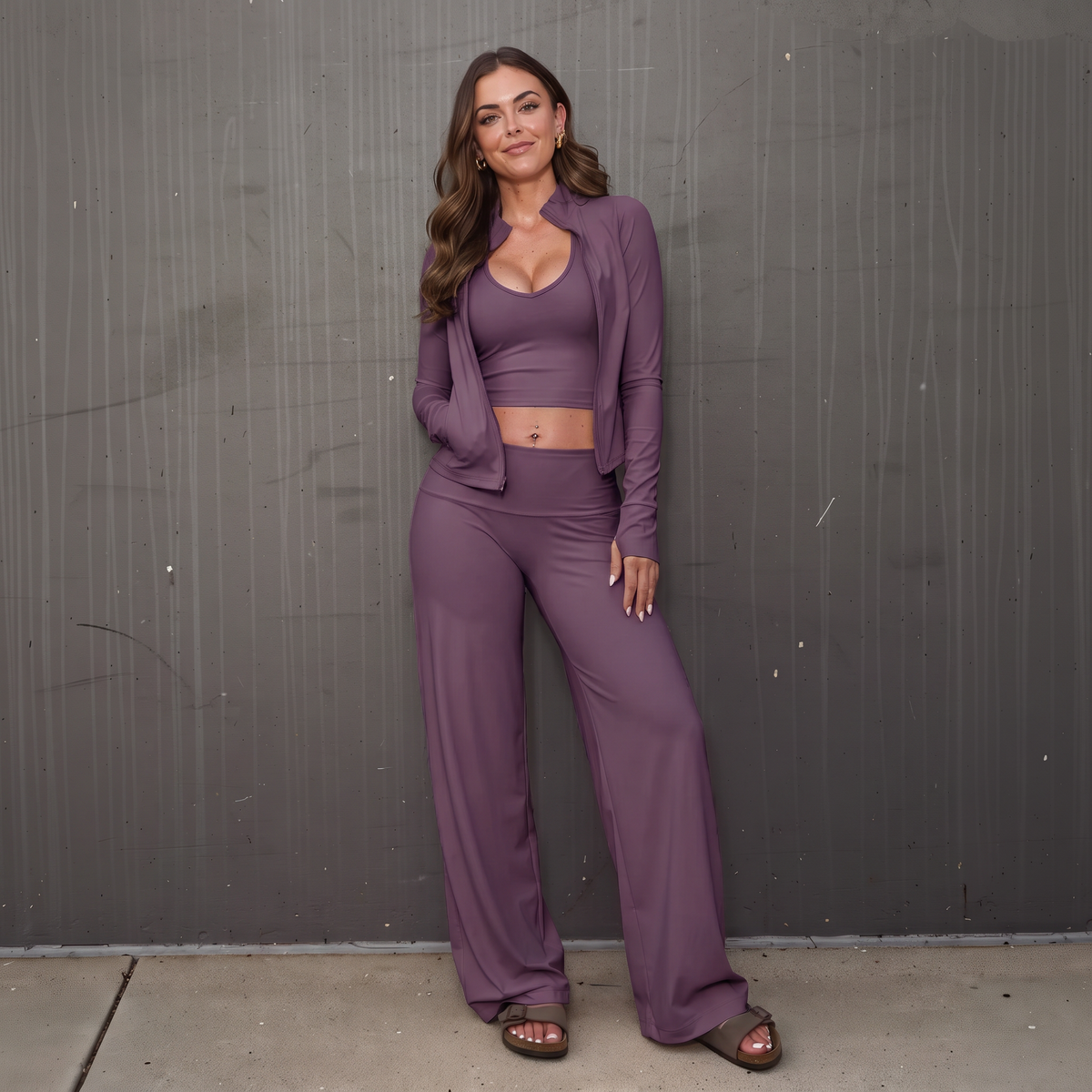 Women’s 3-piece lounge set with cropped tank, jacket, and flare pants in plum purple