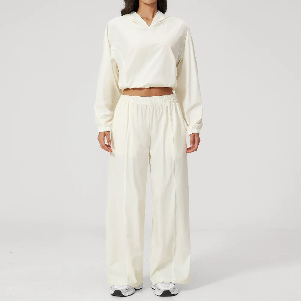 Women’s milky apricot hooded sports set, cropped jacket and matching wide-leg pants