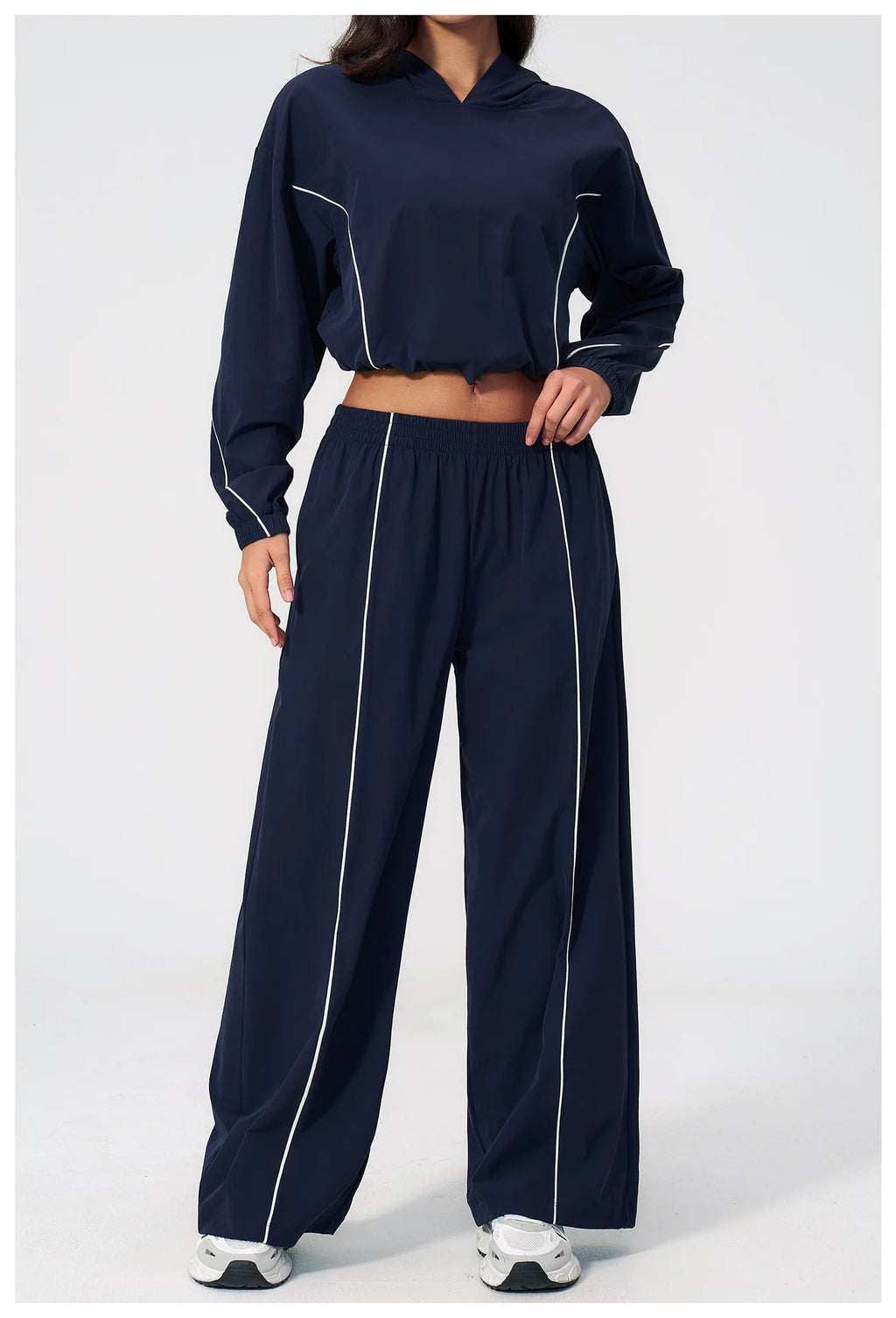 Women’s hooded zip sports set with long sleeves and wide-leg pants, navy blue, side front