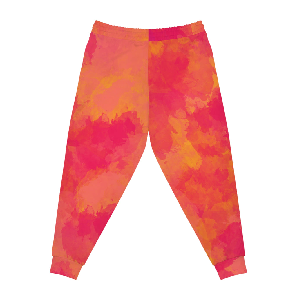 Pink-orange tie-dye joggers, relaxed tapered legs with elastic cuffs and seam details