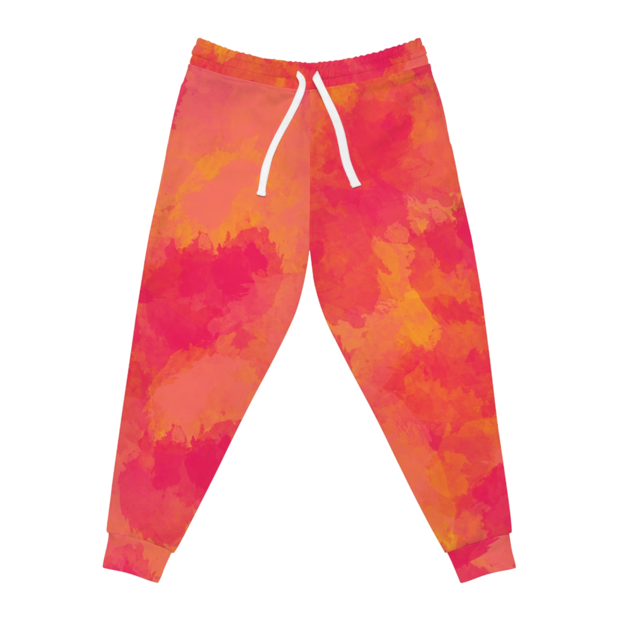 Pink-orange watercolor tie-dye joggers with white drawcord at the elastic waistband