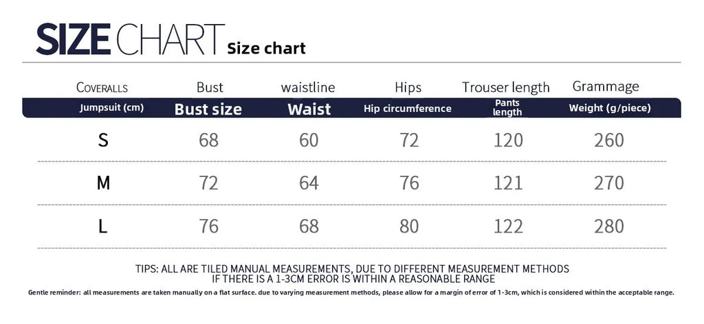 Size chart table for jumpsuit sizing, bust, waist, hips, inseam, weight